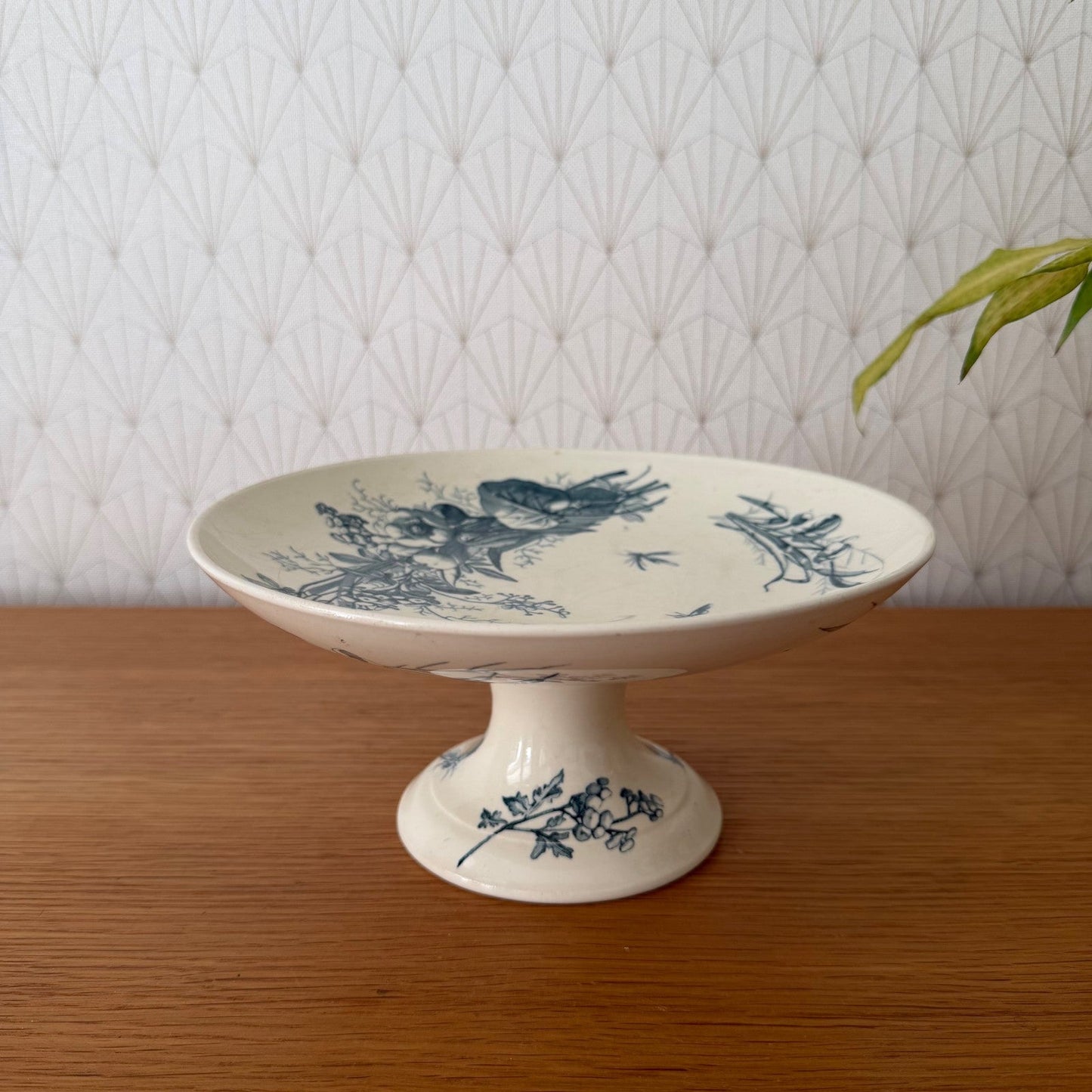 French Antique Luneville Compote Pedestal Dish Blue Floral Birds 0708264