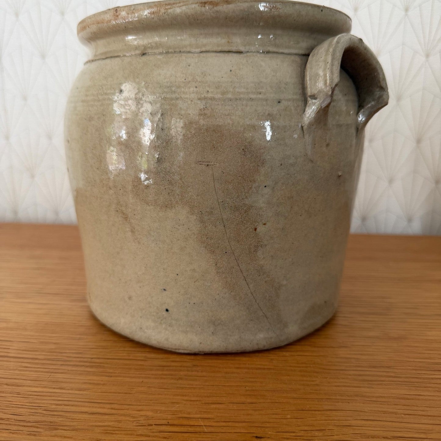 French Antique Stoneware Confit Pot Beige Grey Glazed 04082612