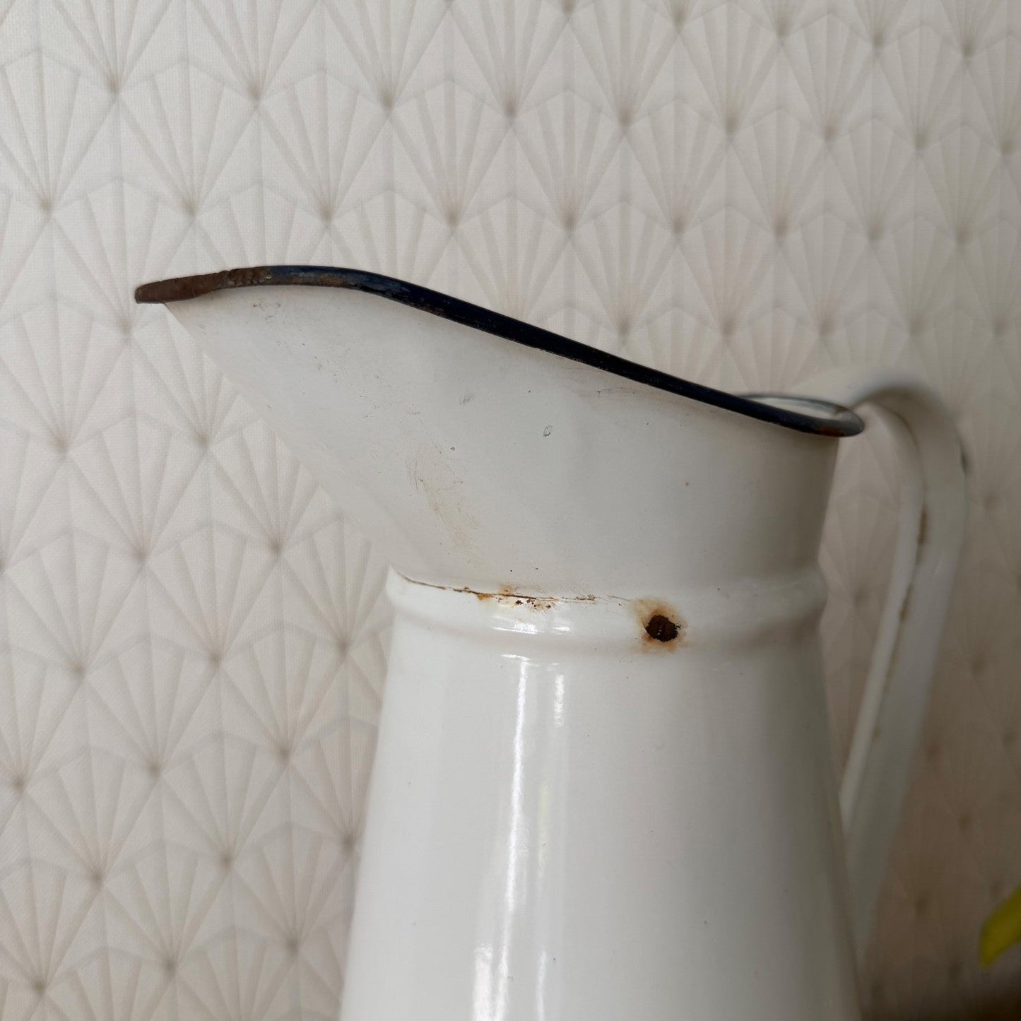 French Enamel Pitcher Vintage White Jug Water Enameled 14.6" 07082610
