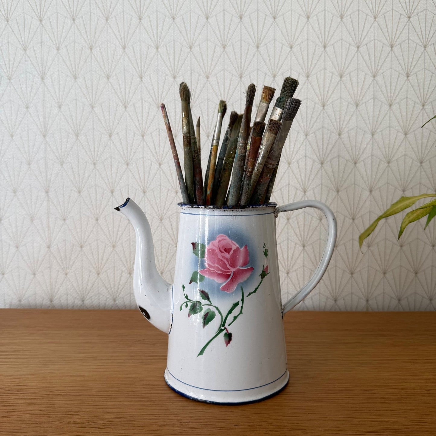 Vintage French Enamel Coffee Pot Rose Decor White Blue Trim 0708267