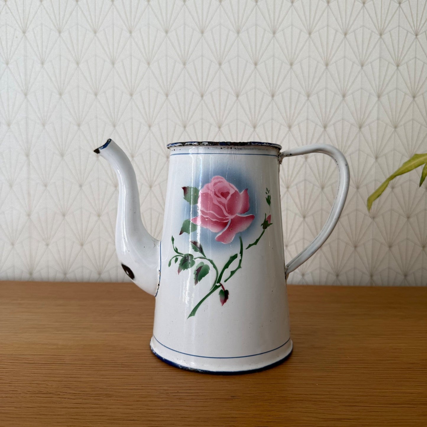 Vintage French Enamel Coffee Pot Rose Decor White Blue Trim 0708267
