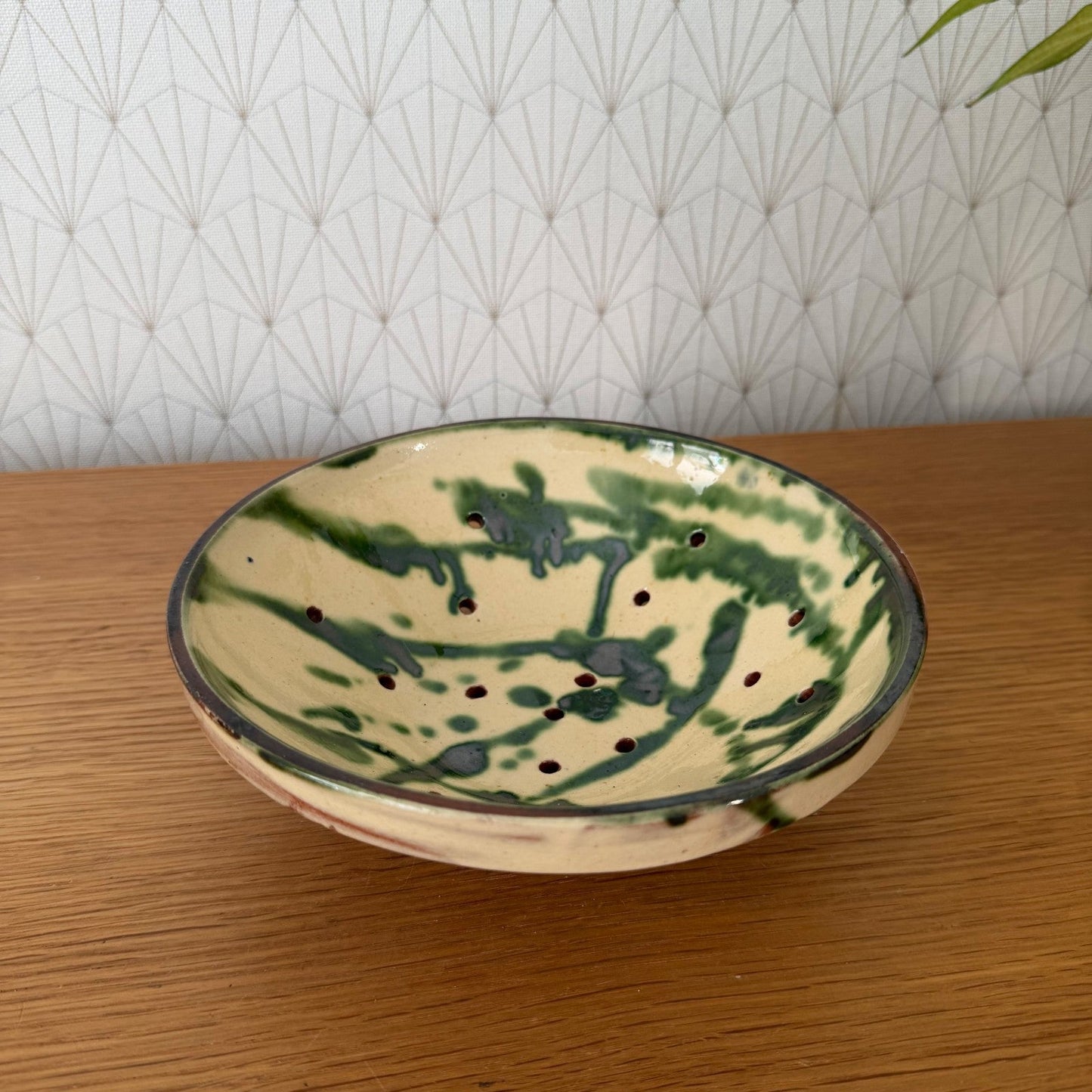Vintage French Pottery Glazed Fruit Colander Perforated Bowl 2307263