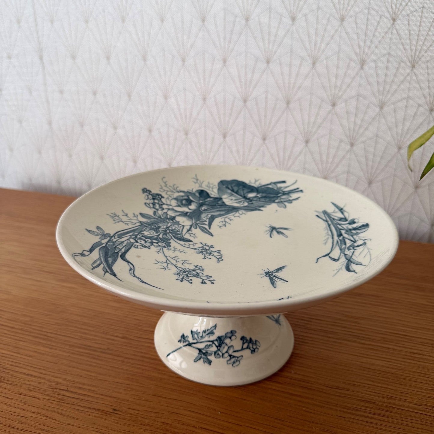 French Antique Luneville Compote Pedestal Dish Blue Floral Birds 0708264