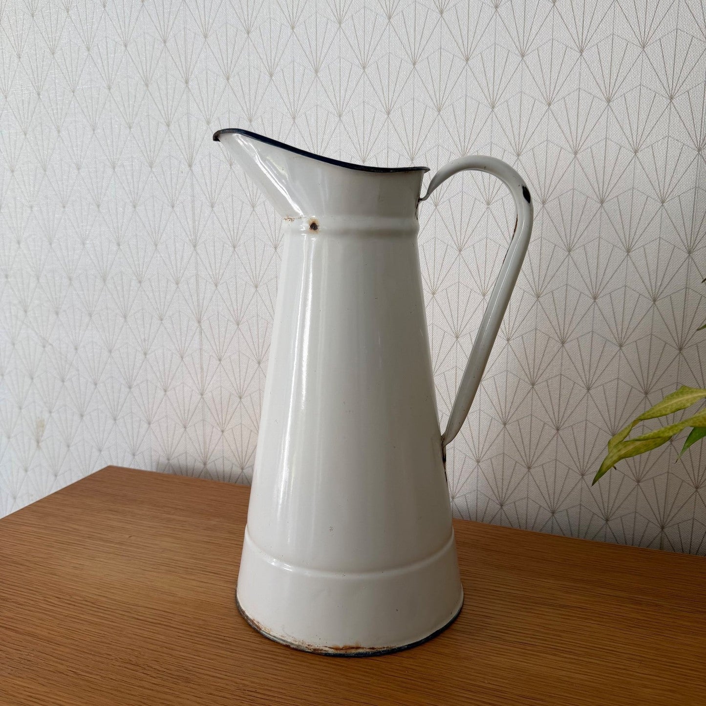 French Enamel Pitcher Vintage White Jug Water Enameled 14.6" 07082610