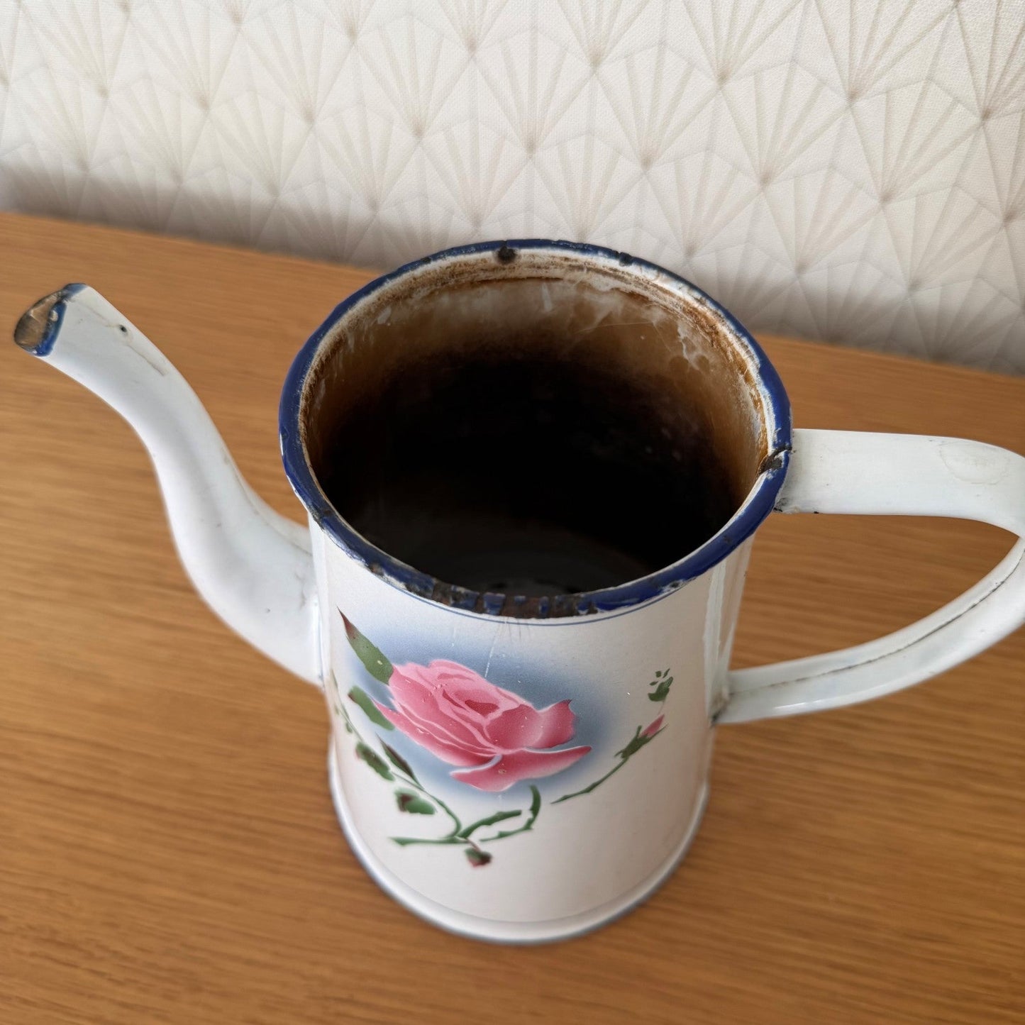 Vintage French Enamel Coffee Pot Rose Decor White Blue Trim 0708267