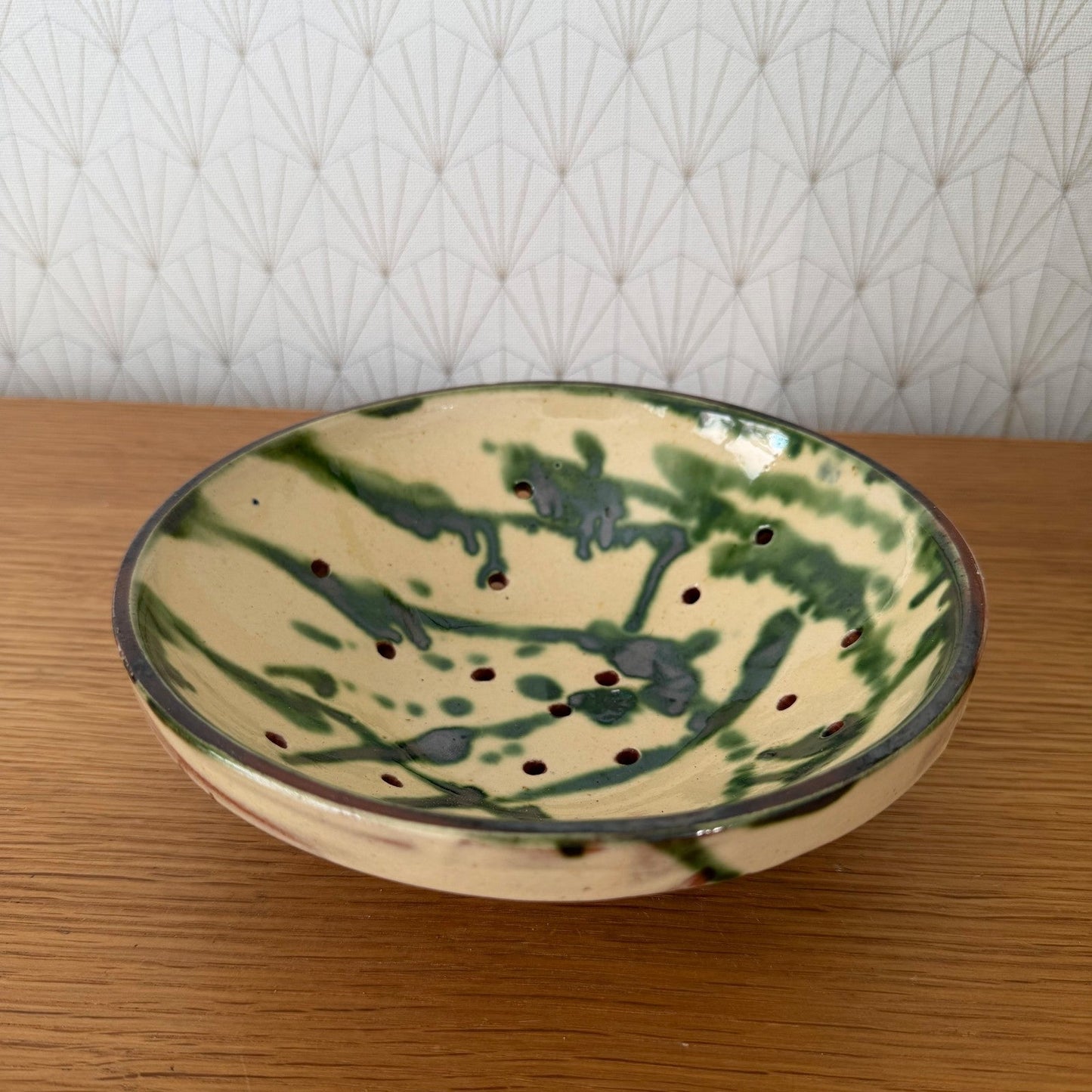 Vintage French Pottery Glazed Fruit Colander Perforated Bowl 2307263