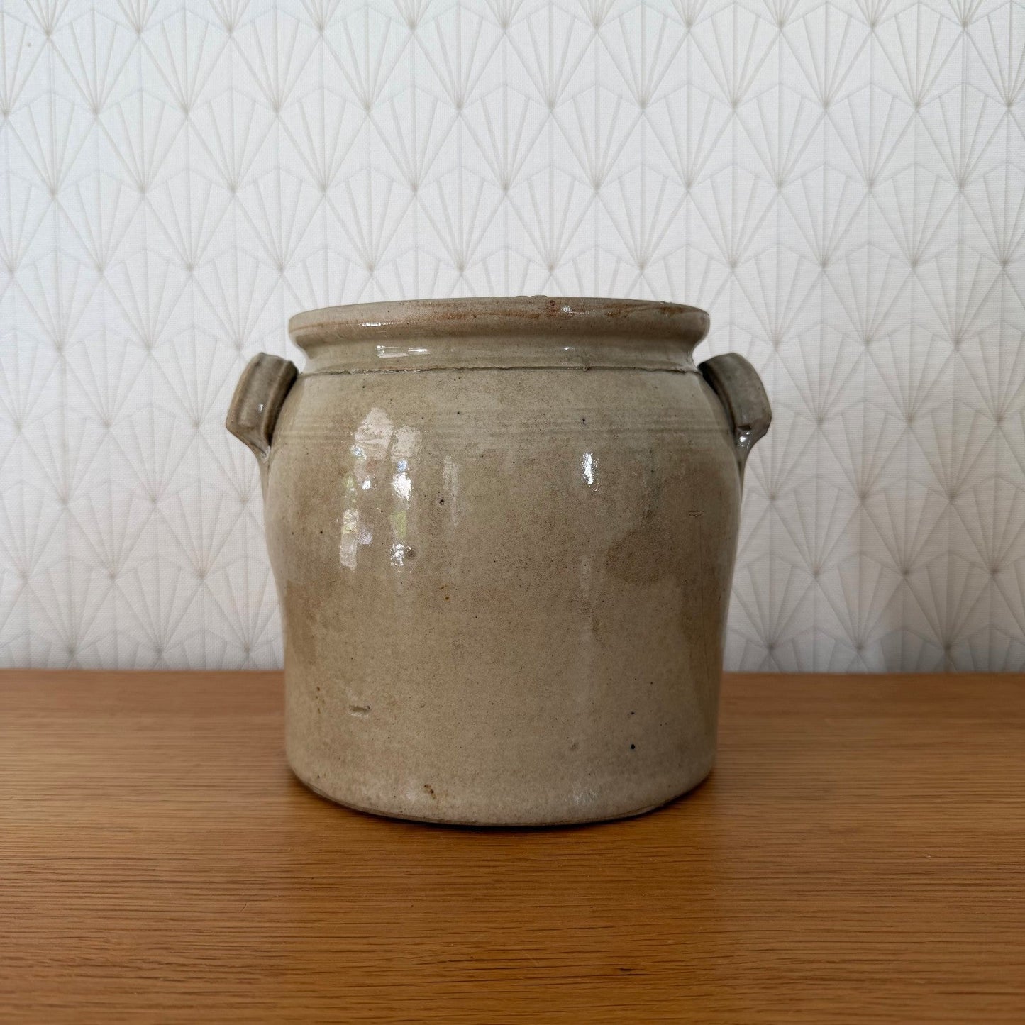 French Antique Stoneware Confit Pot Beige Grey Glazed 04082612