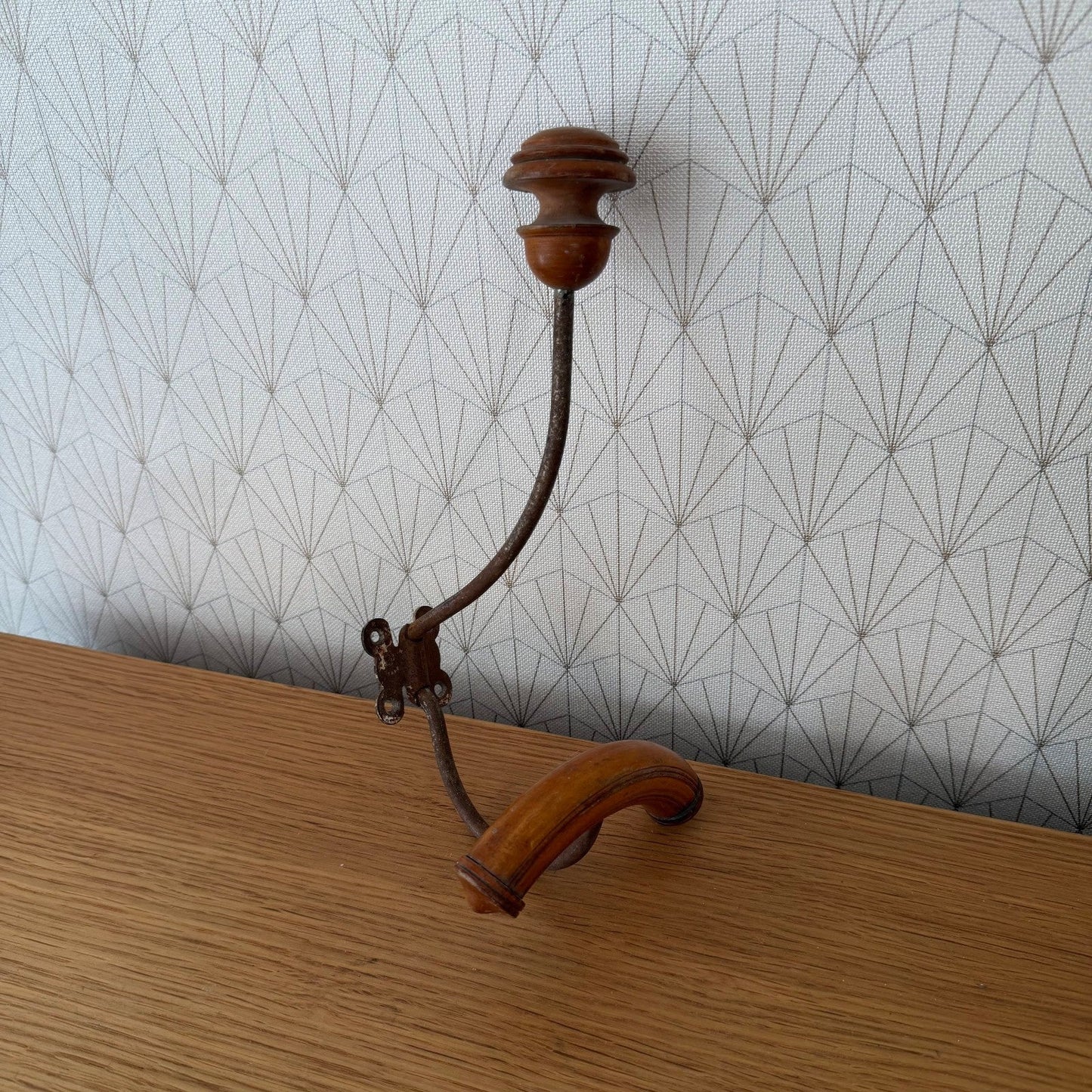 French Vintage Coat Hook Wall Mount Wood Metal Swing Arm 1950s 2307264
