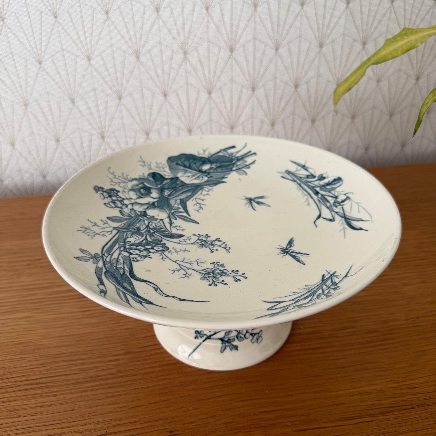 French Antique Luneville Compote Pedestal Dish Blue Floral Birds 0708264