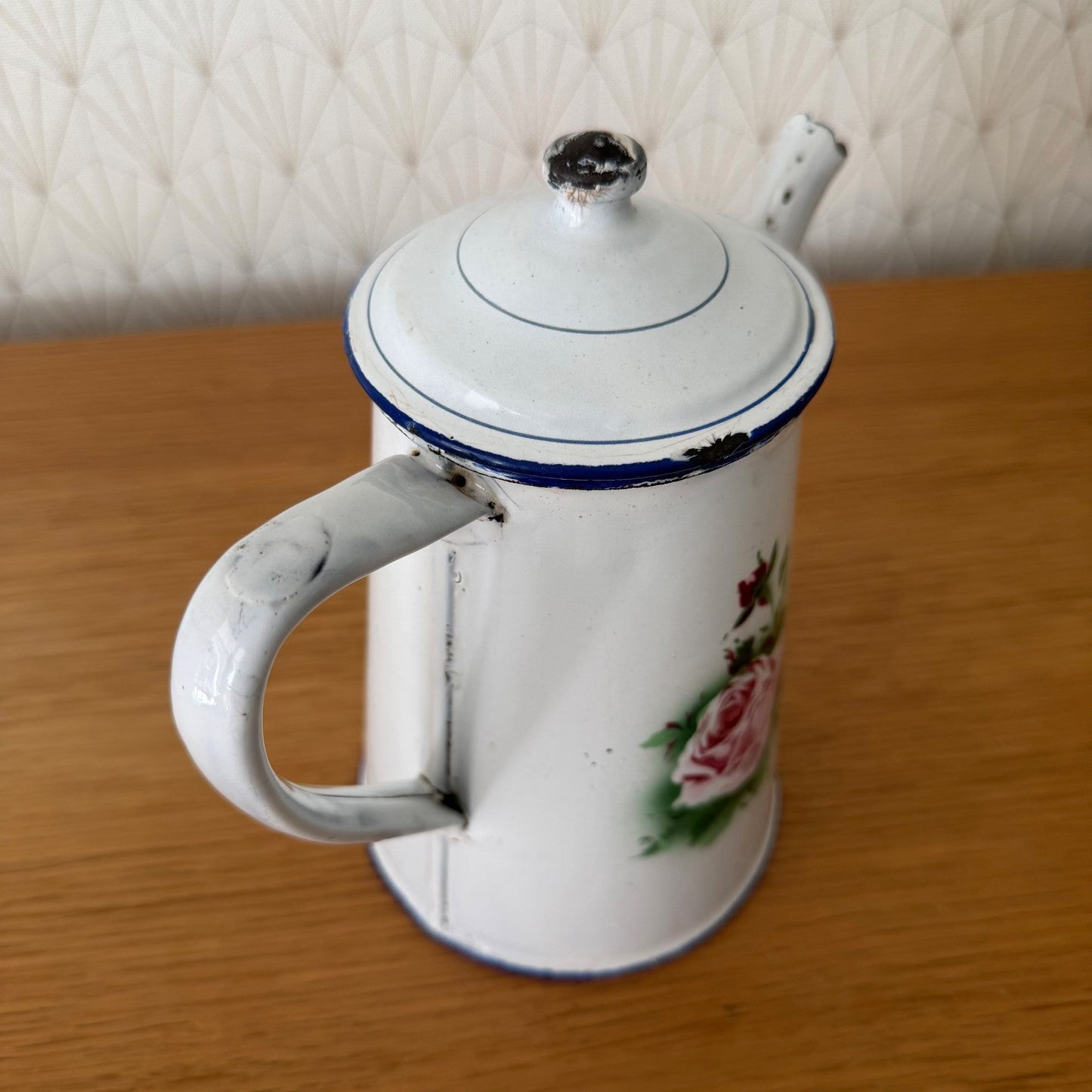 Antique French Enamel Coffee Pot Floral Rose White Blue Trim 0708265