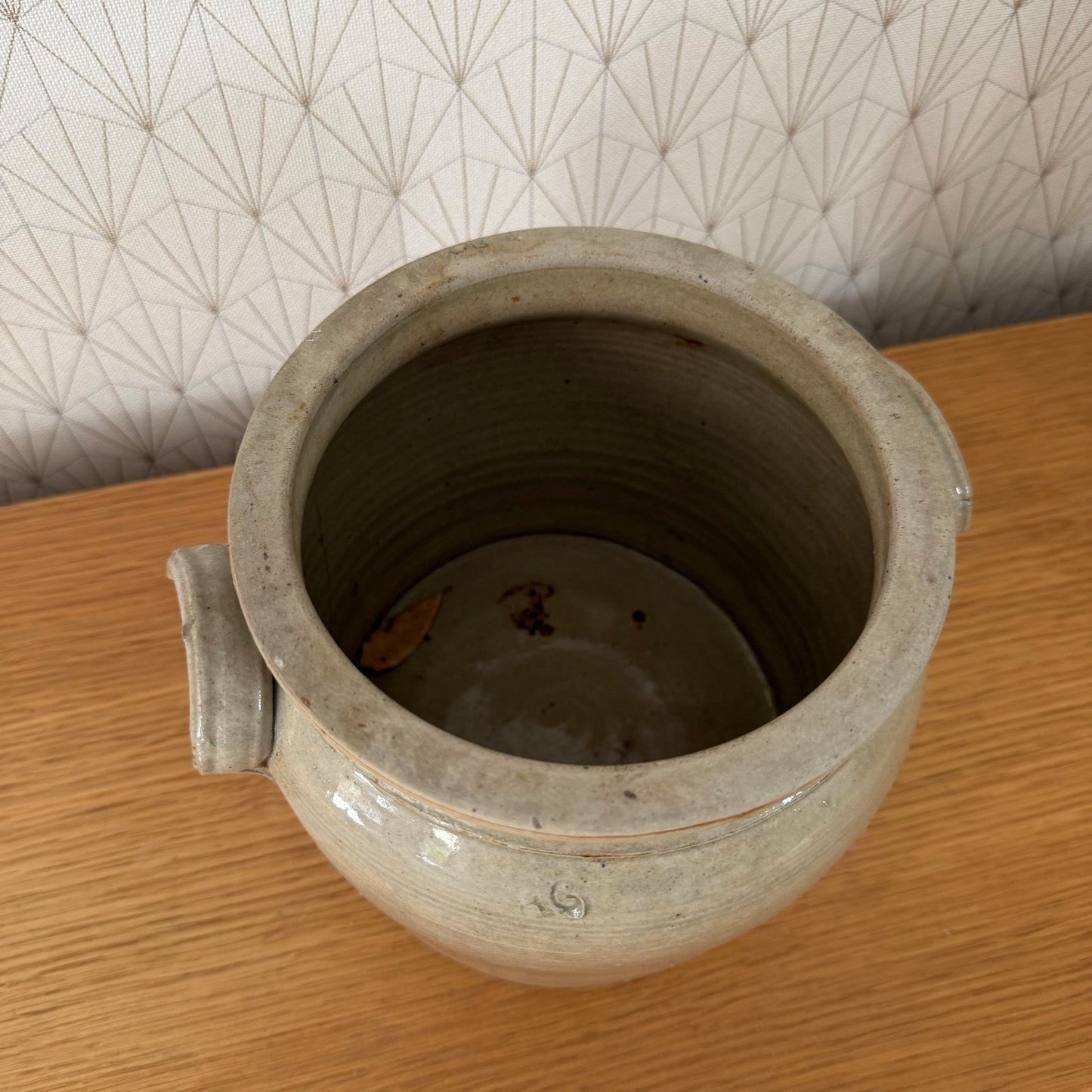 French Antique Stoneware Confit Pot Beige Grey Glazed 04082612