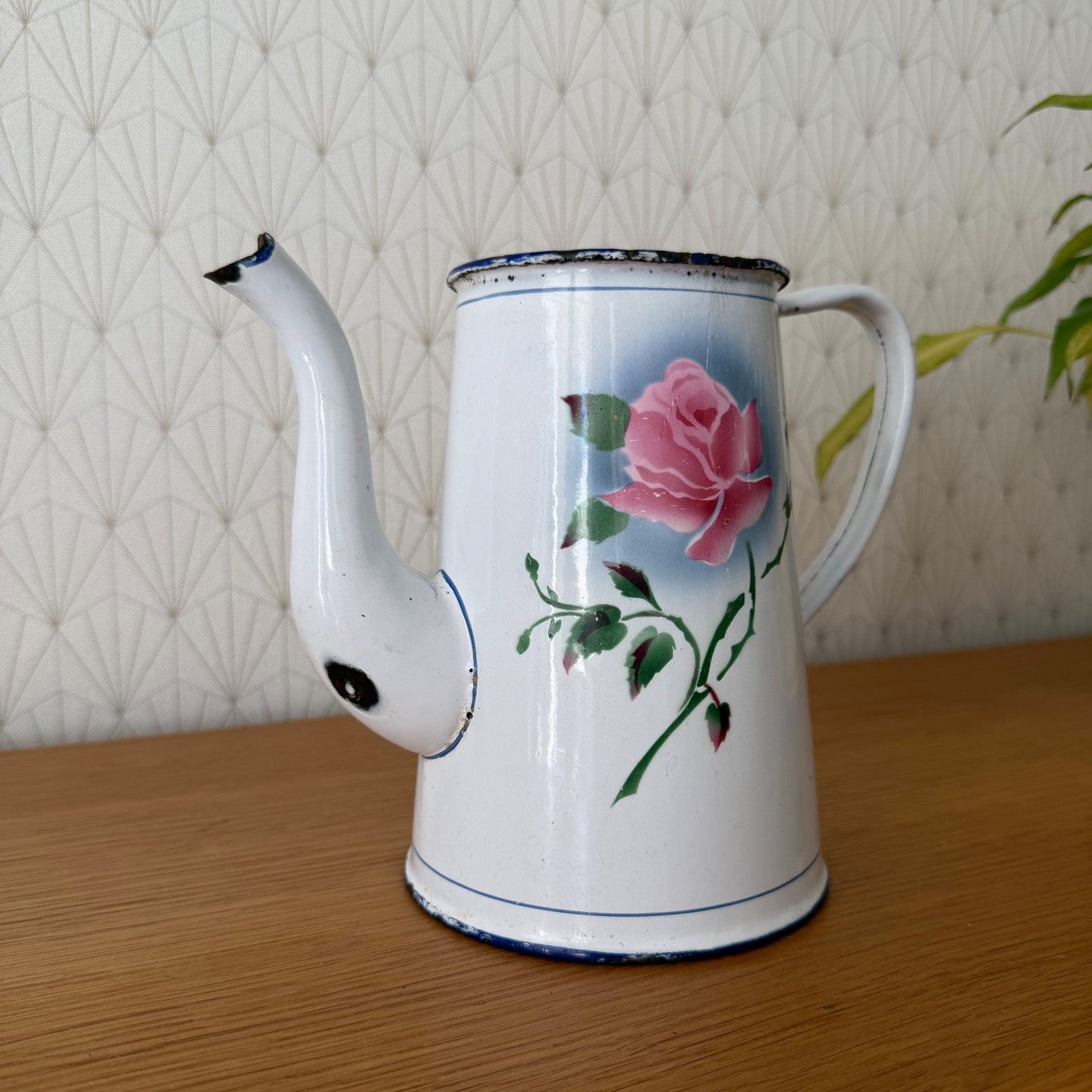 Vintage French Enamel Coffee Pot Rose Decor White Blue Trim 0708267