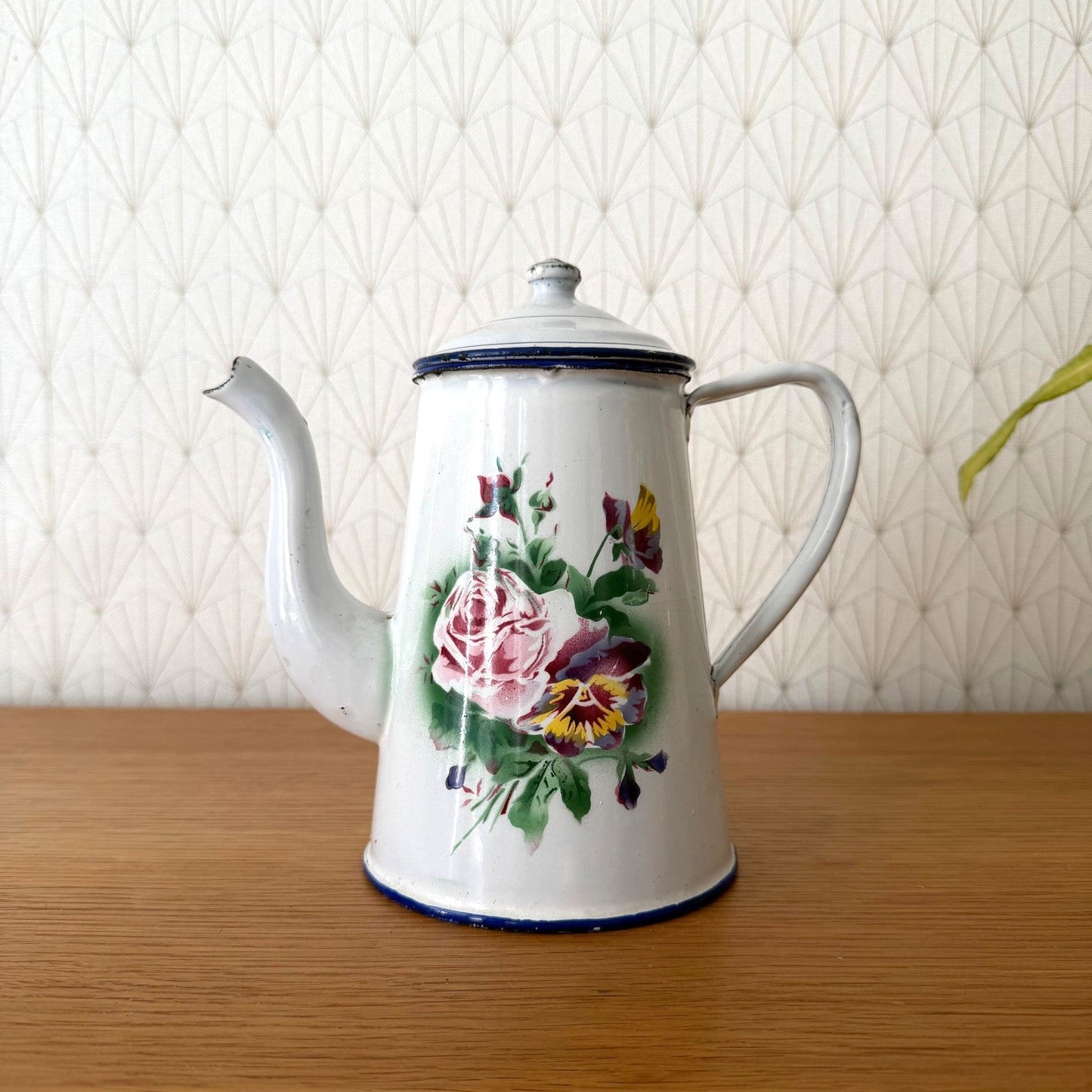 Antique French Enamel Coffee Pot Floral Rose White Blue Trim 0708265