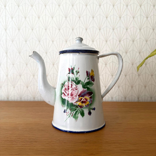 Antique French Enamel Coffee Pot Floral Rose White Blue Trim 0708265