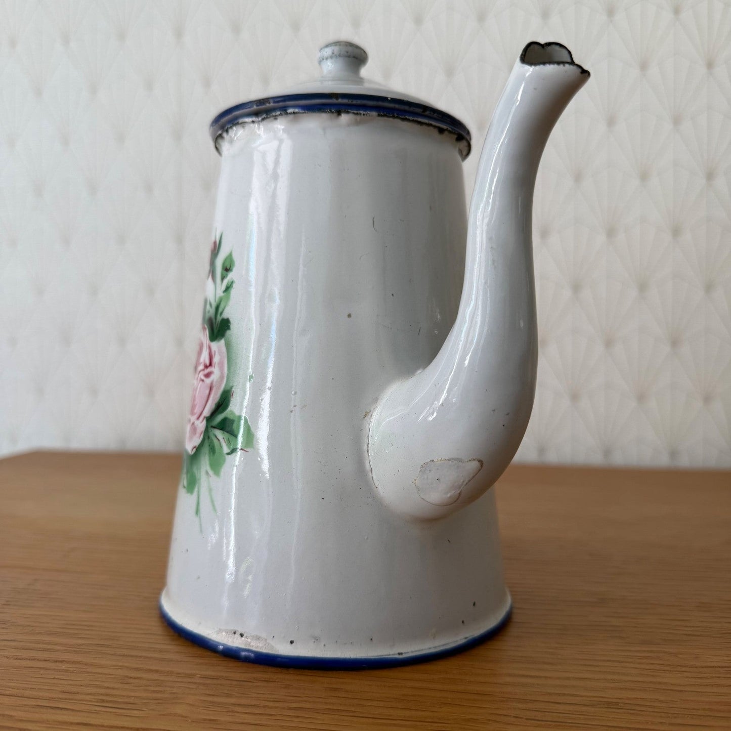 Antique French Enamel Coffee Pot Floral Rose White Blue Trim 0708265