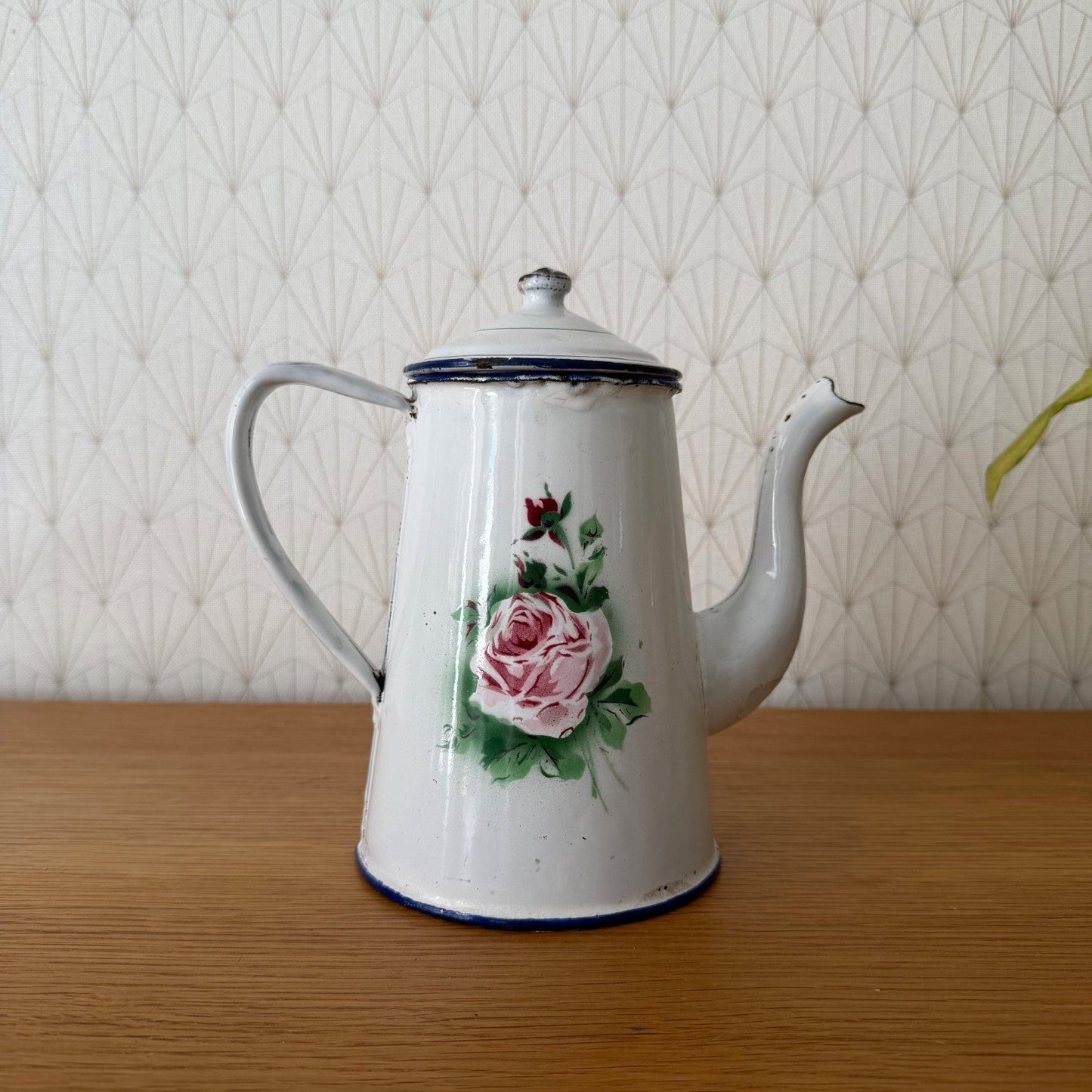 Antique French Enamel Coffee Pot Floral Rose White Blue Trim 0708265
