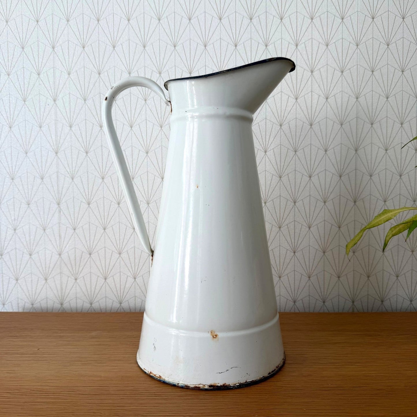 French Enamel Pitcher Vintage White Jug Water Enameled 14.6" 07082610