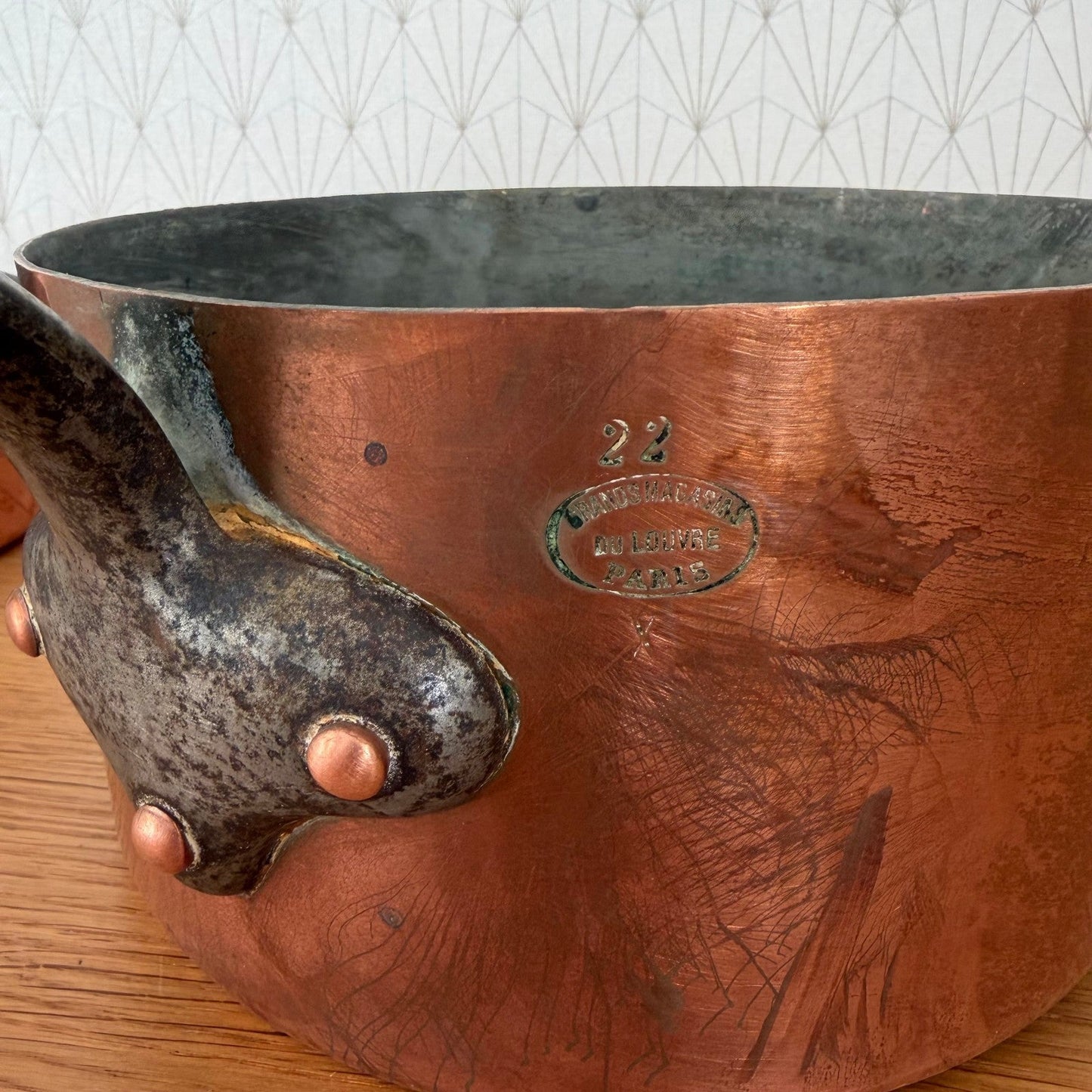 French Copper Pans Set 3 Tin Lined Grands Magasins du Louvre Paris 230711