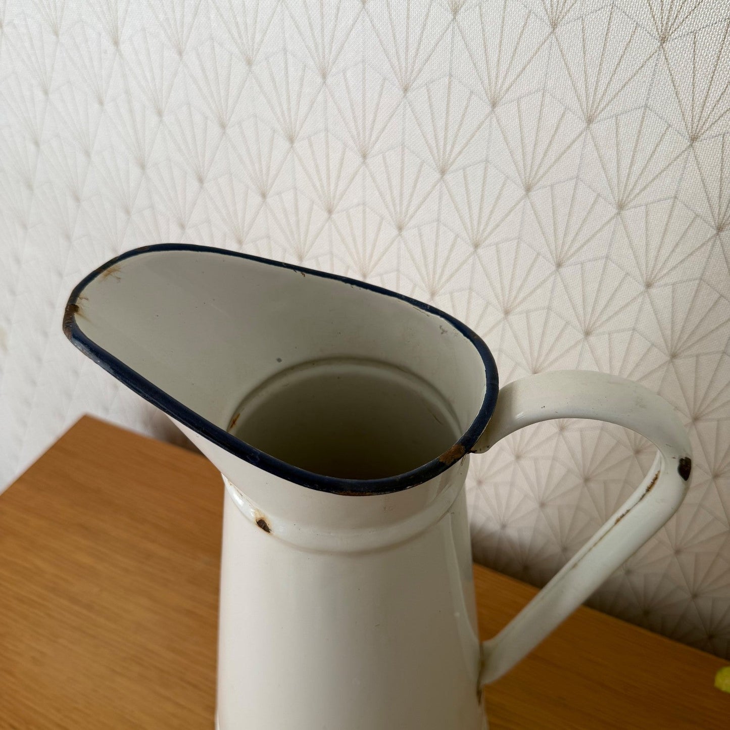 French Enamel Pitcher Vintage White Jug Water Enameled 14.6" 07082610