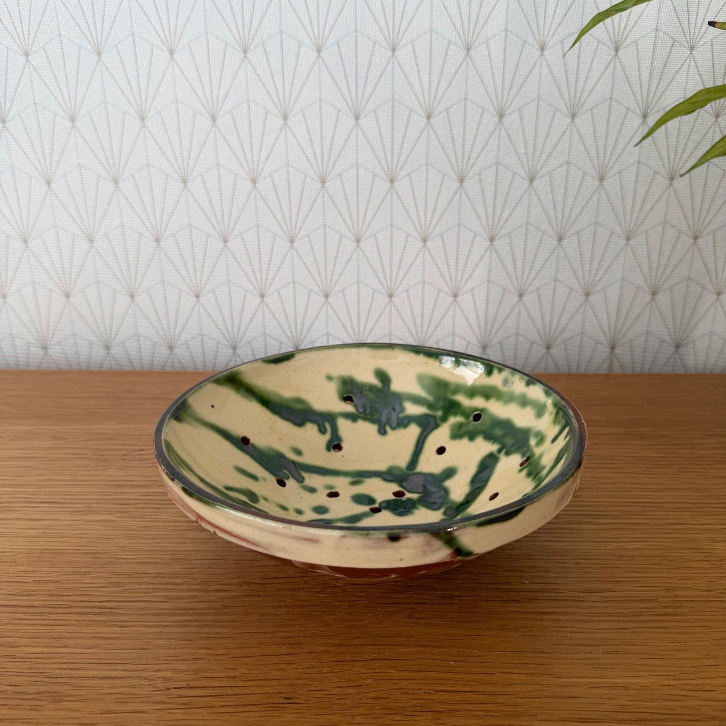 Vintage French Pottery Glazed Fruit Colander Perforated Bowl 2307263