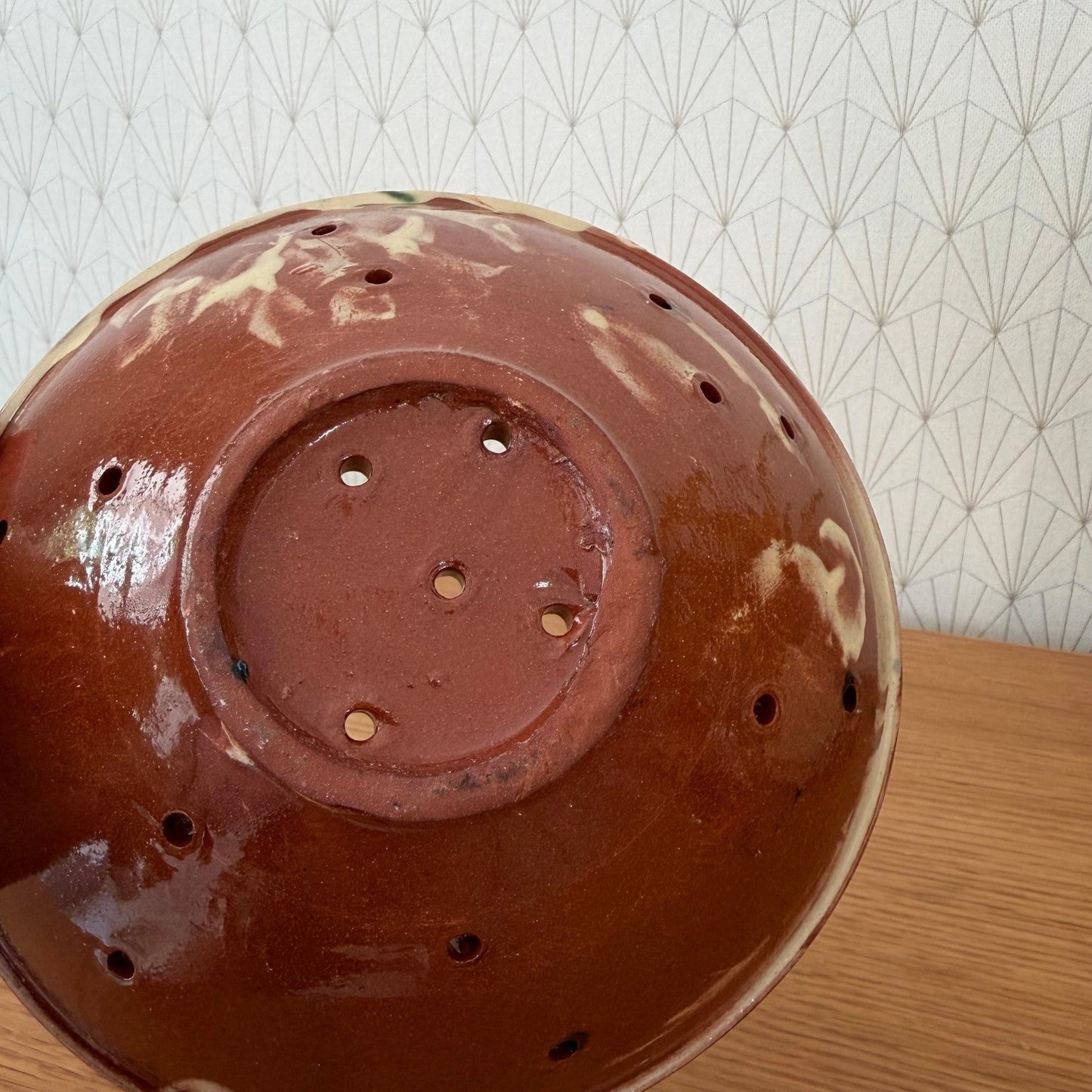Vintage French Pottery Glazed Fruit Colander Perforated Bowl 2307263