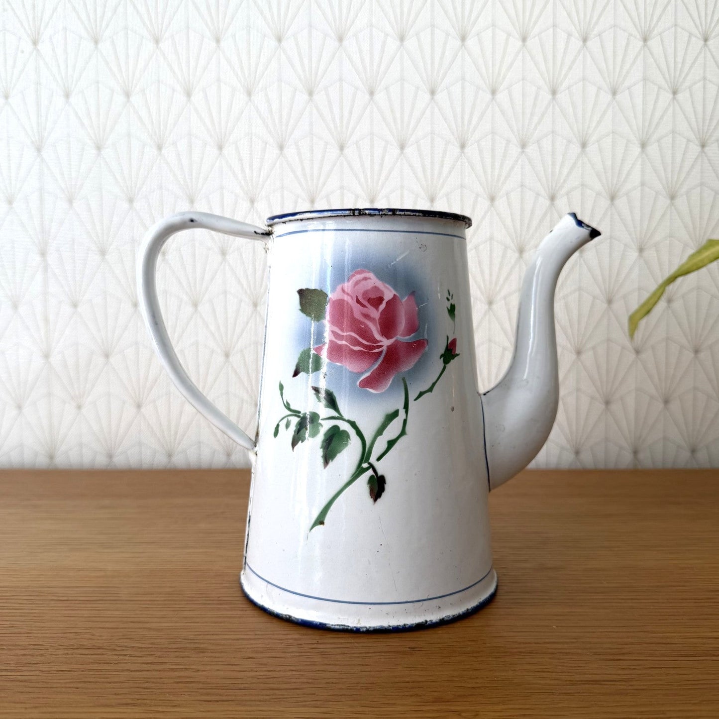 Vintage French Enamel Coffee Pot Rose Decor White Blue Trim 0708267