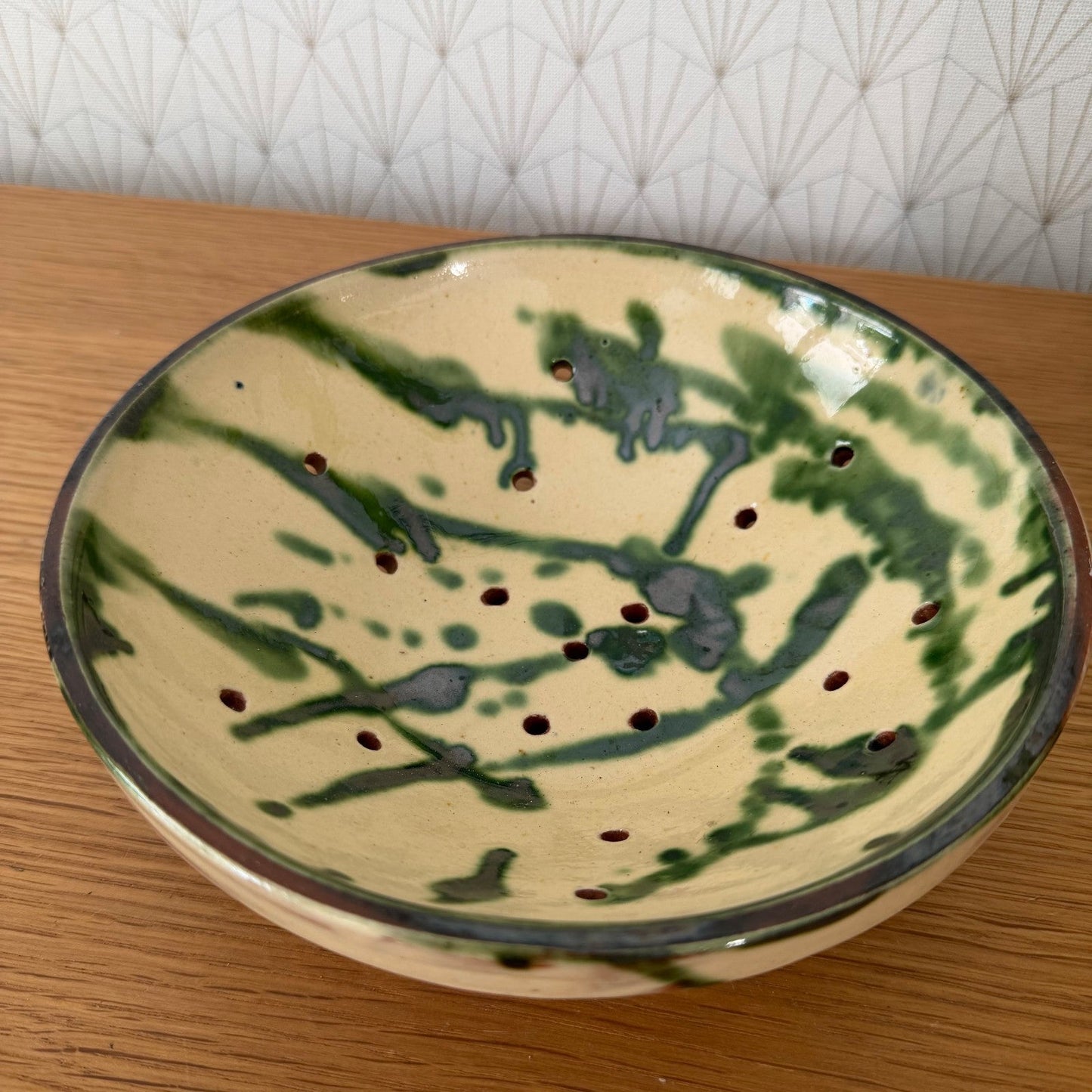 Vintage French Pottery Glazed Fruit Colander Perforated Bowl 2307263