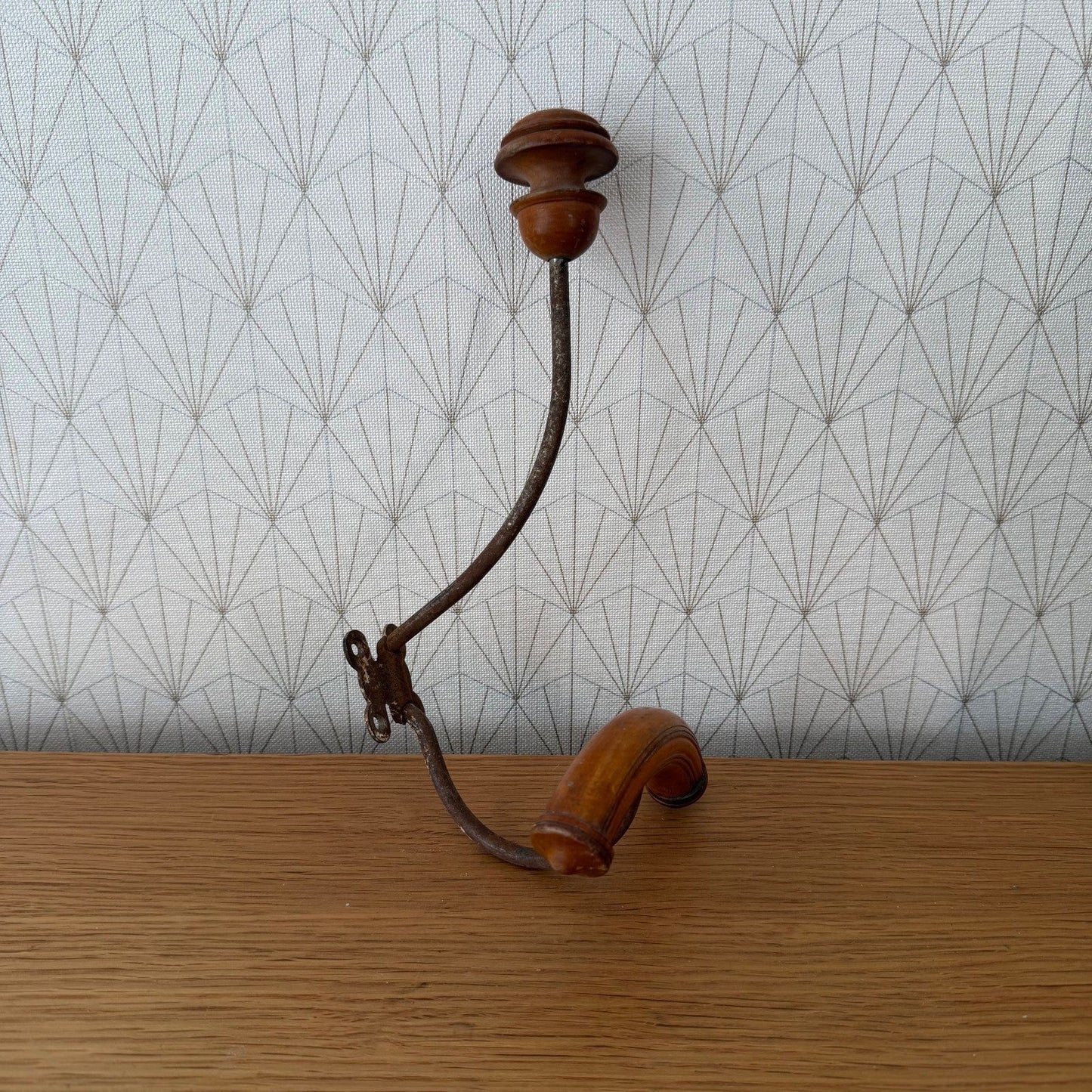 French Vintage Coat Hook Wall Mount Wood Metal Swing Arm 1950s 2307264