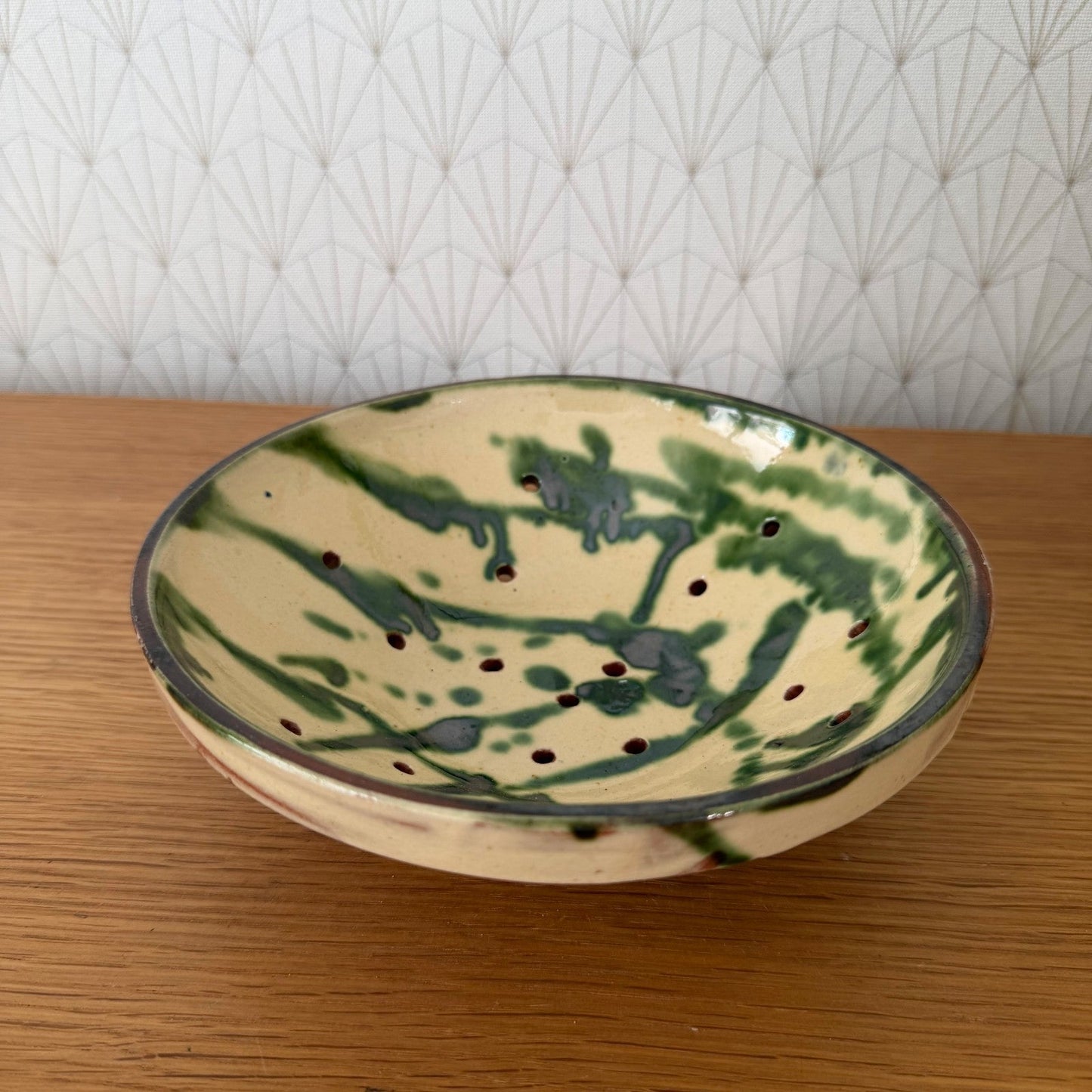 Vintage French Pottery Glazed Fruit Colander Perforated Bowl 2307263