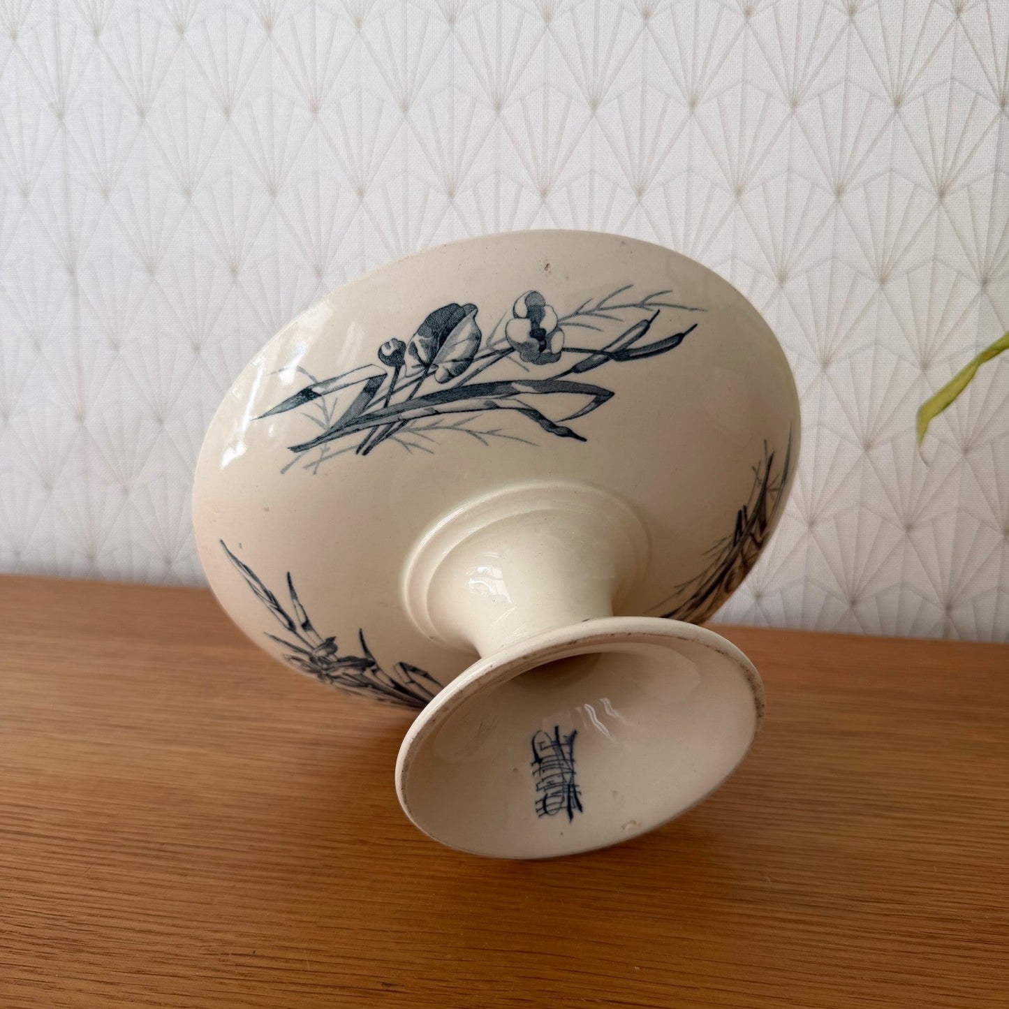 French Antique Luneville Compote Pedestal Dish Blue Floral Birds 0708264