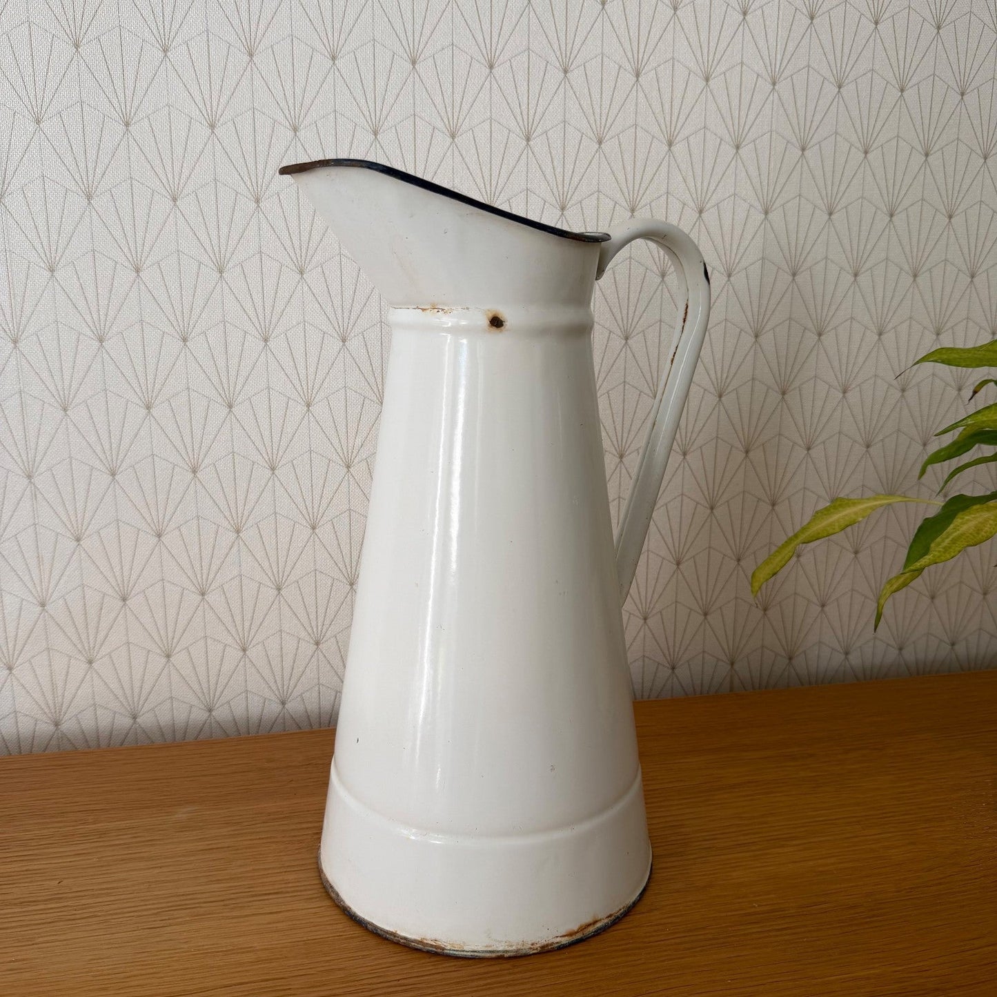 French Enamel Pitcher Vintage White Jug Water Enameled 14.6" 07082610