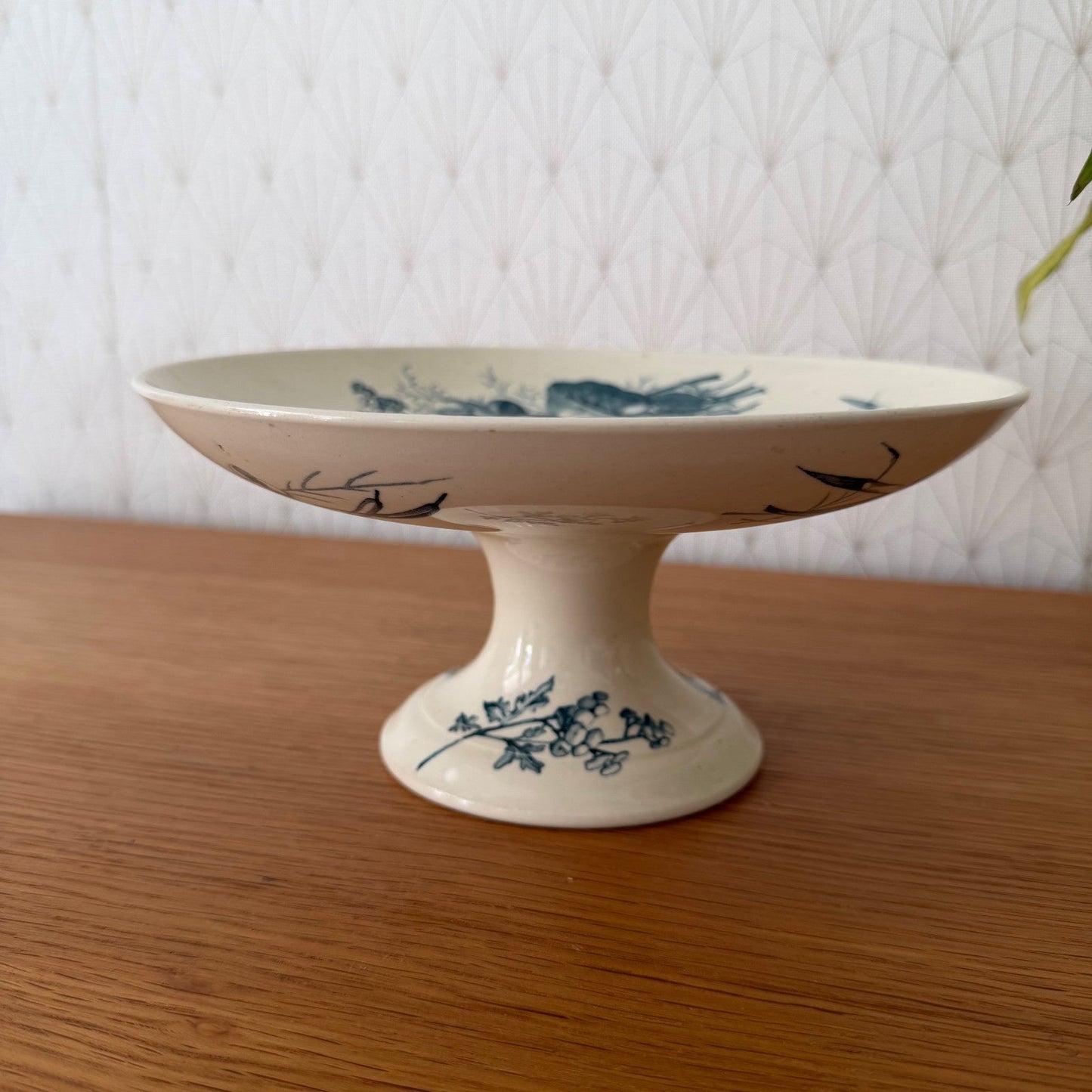 French Antique Luneville Compote Pedestal Dish Blue Floral Birds 0708264