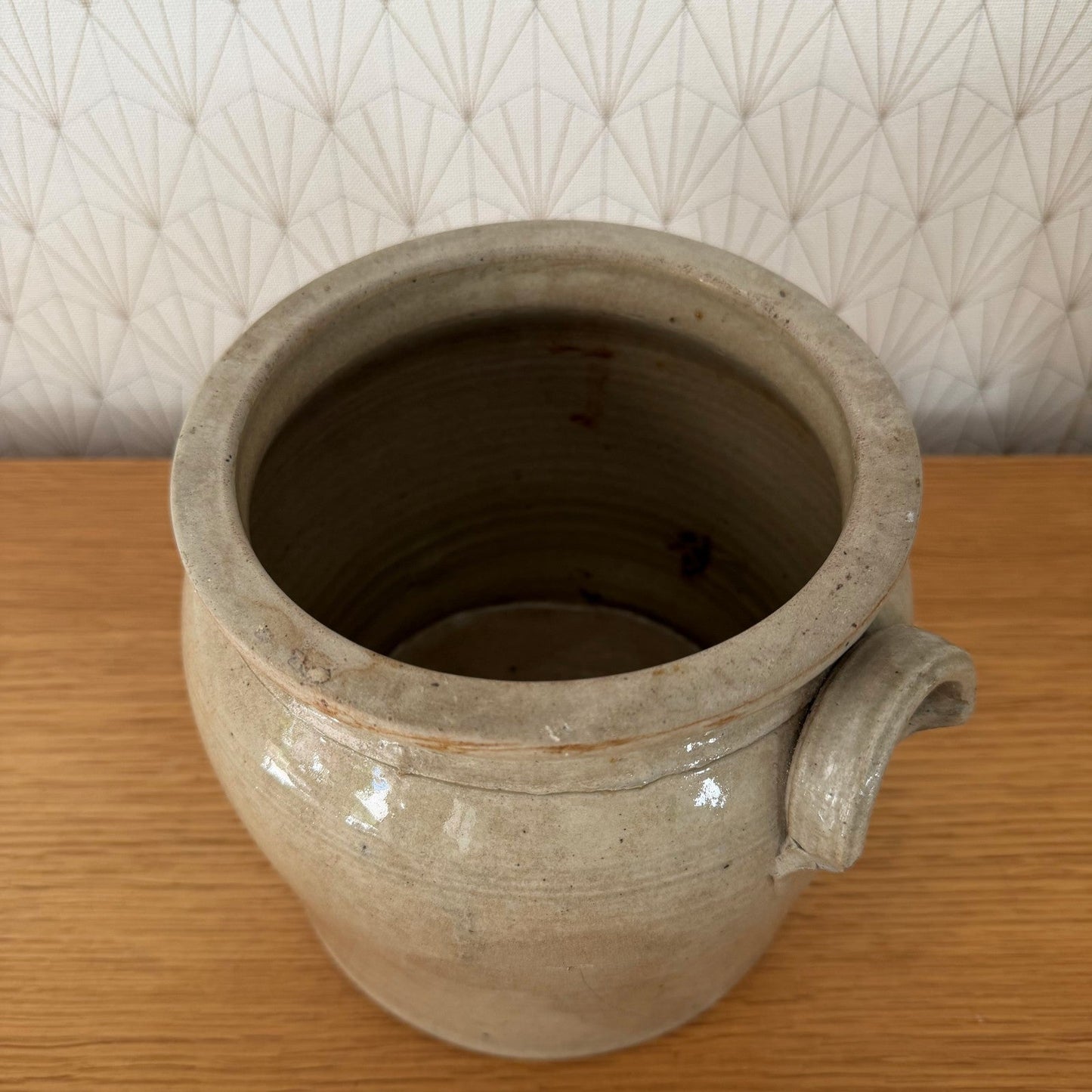 French Antique Stoneware Confit Pot Beige Grey Glazed 04082612