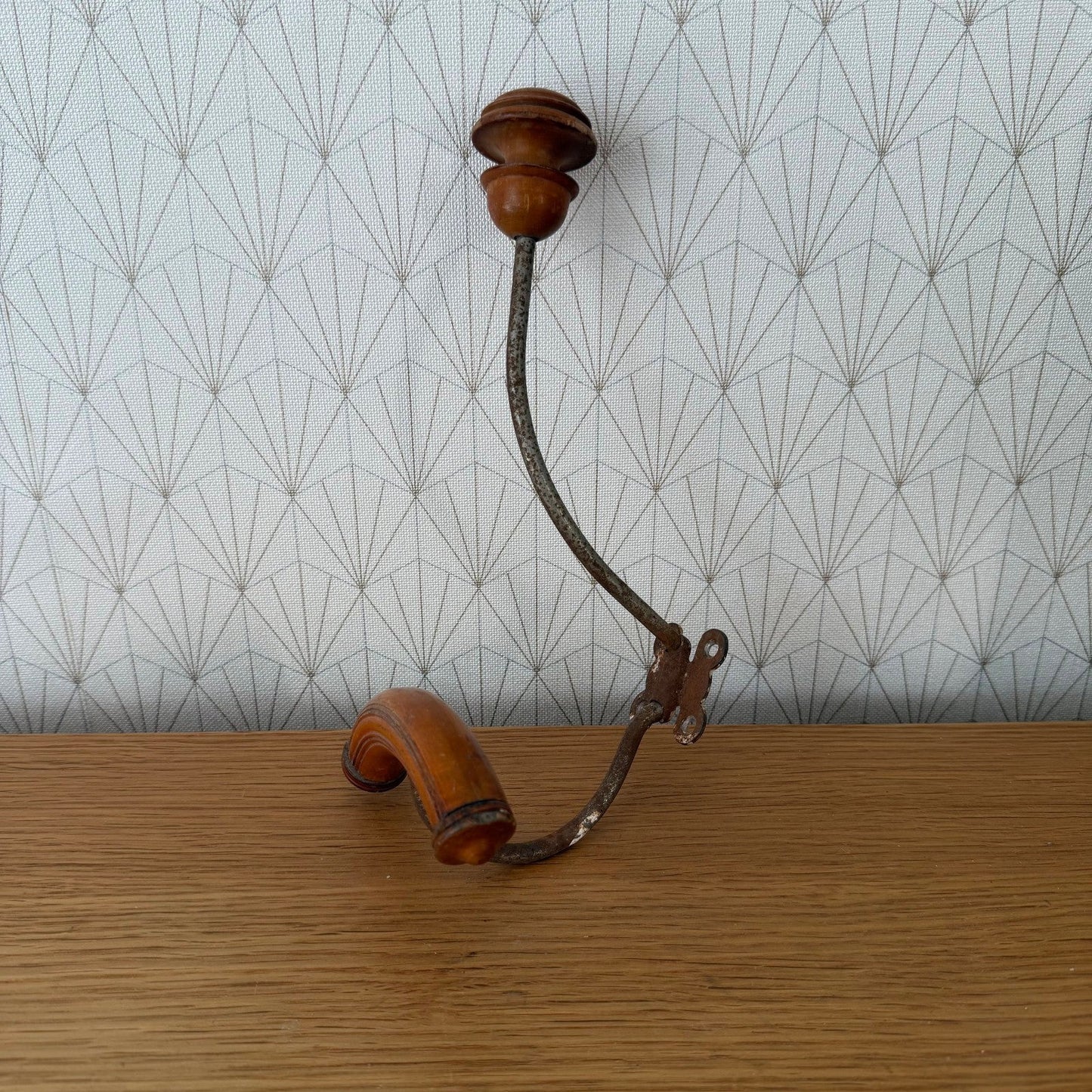French Vintage Coat Hook Wall Mount Wood Metal Swing Arm 1950s 2307264