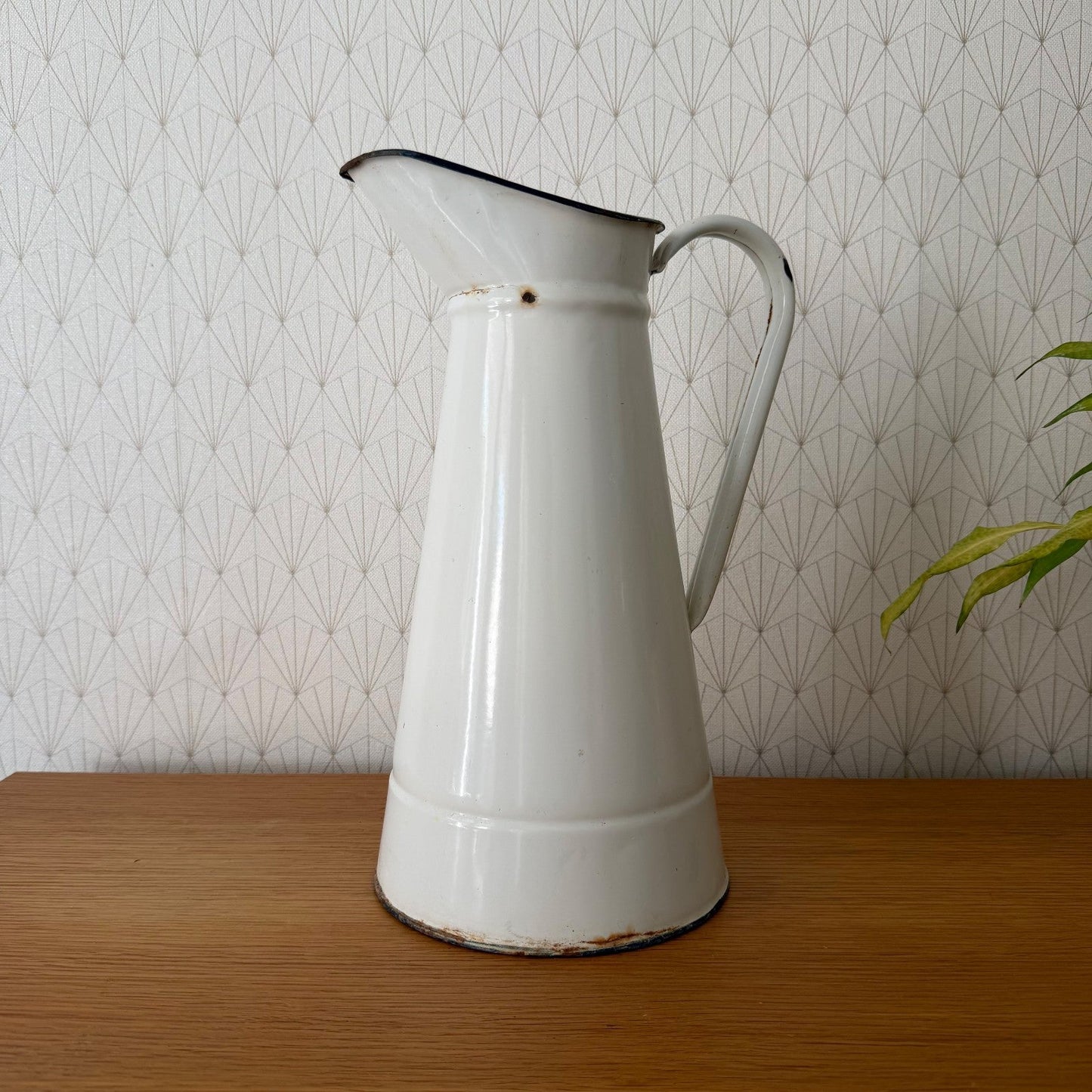 French Enamel Pitcher Vintage White Jug Water Enameled 14.6" 07082610