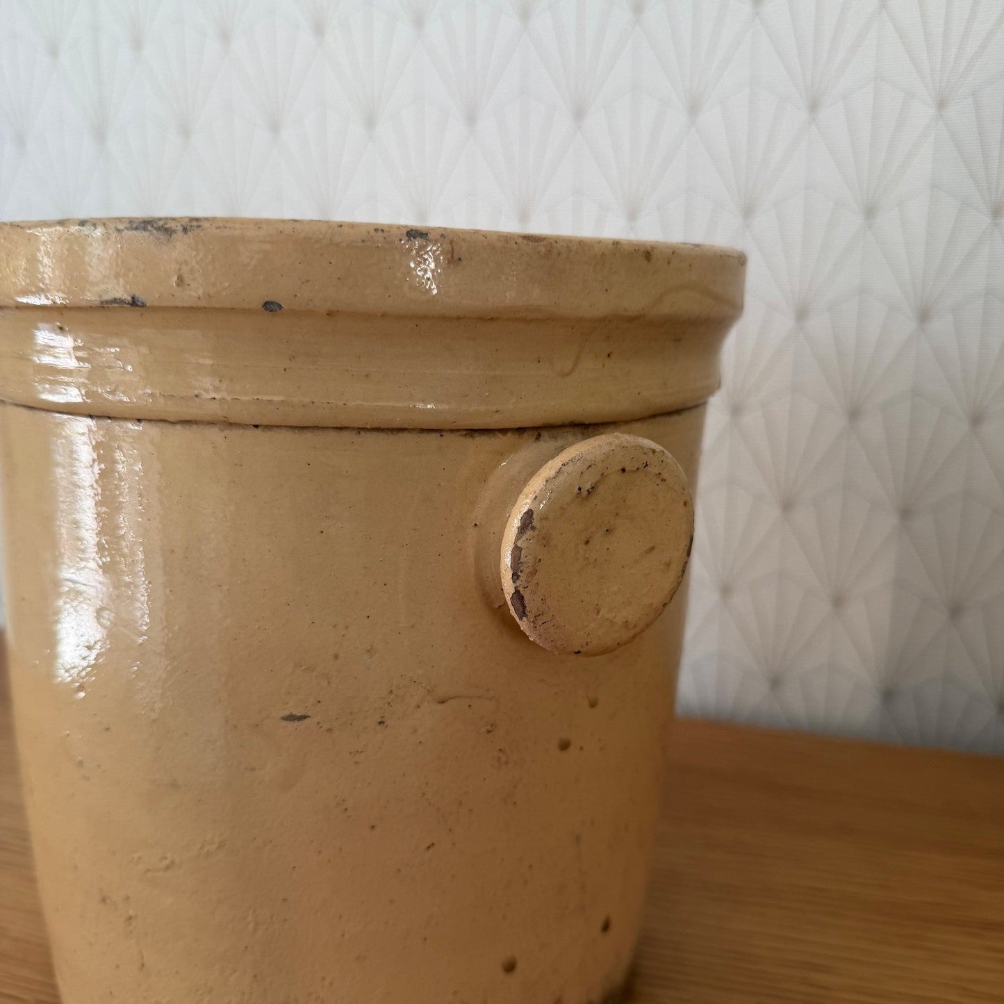 Huge Antique French Stoneware Crock Grease Storage Jar 8" 2307265