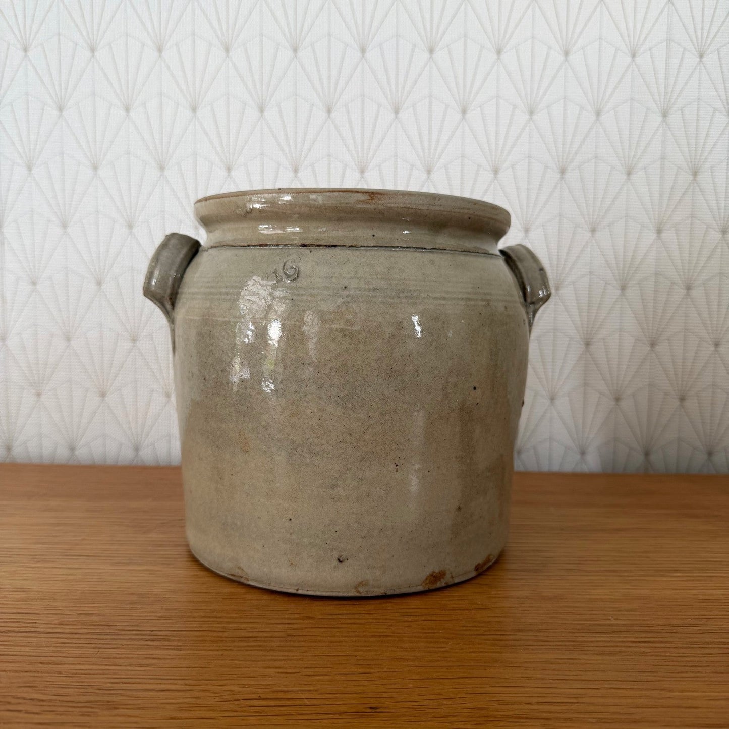 French Antique Stoneware Confit Pot Beige Grey Glazed 04082612