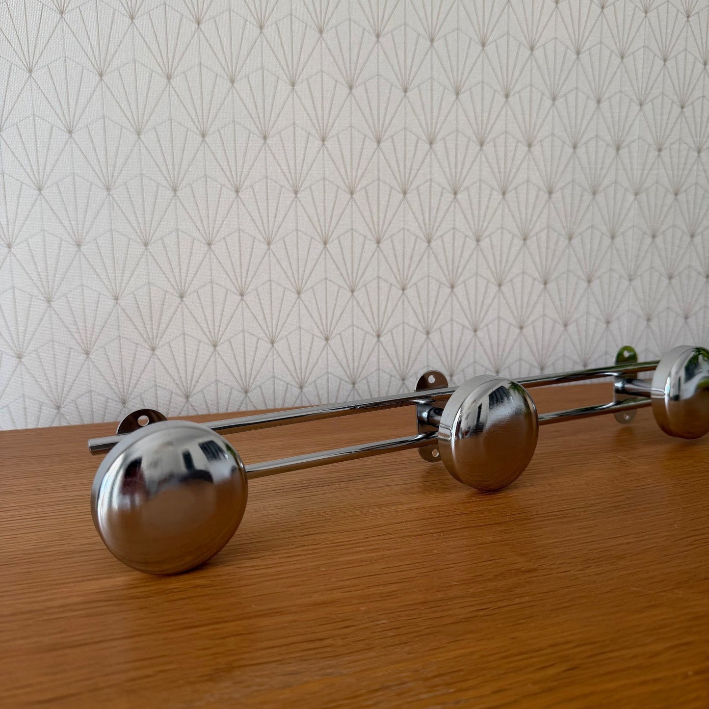 Vintage Chrome Wall Coat Hooks French Mid Century 4 Hook Rack 60cm 0408261